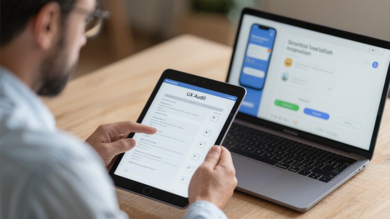 Professional reviewing a UX audit checklist on a tablet beside a laptop showing a mobile app, highlighting structured evaluation and improvement.