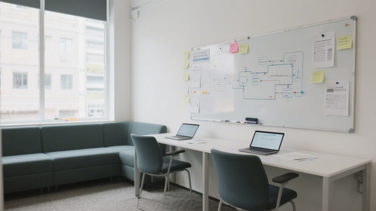 Quiet training corner with a whiteboard, pinned research notes, and laptops open to user journey maps, emphasizing a focused learning space.