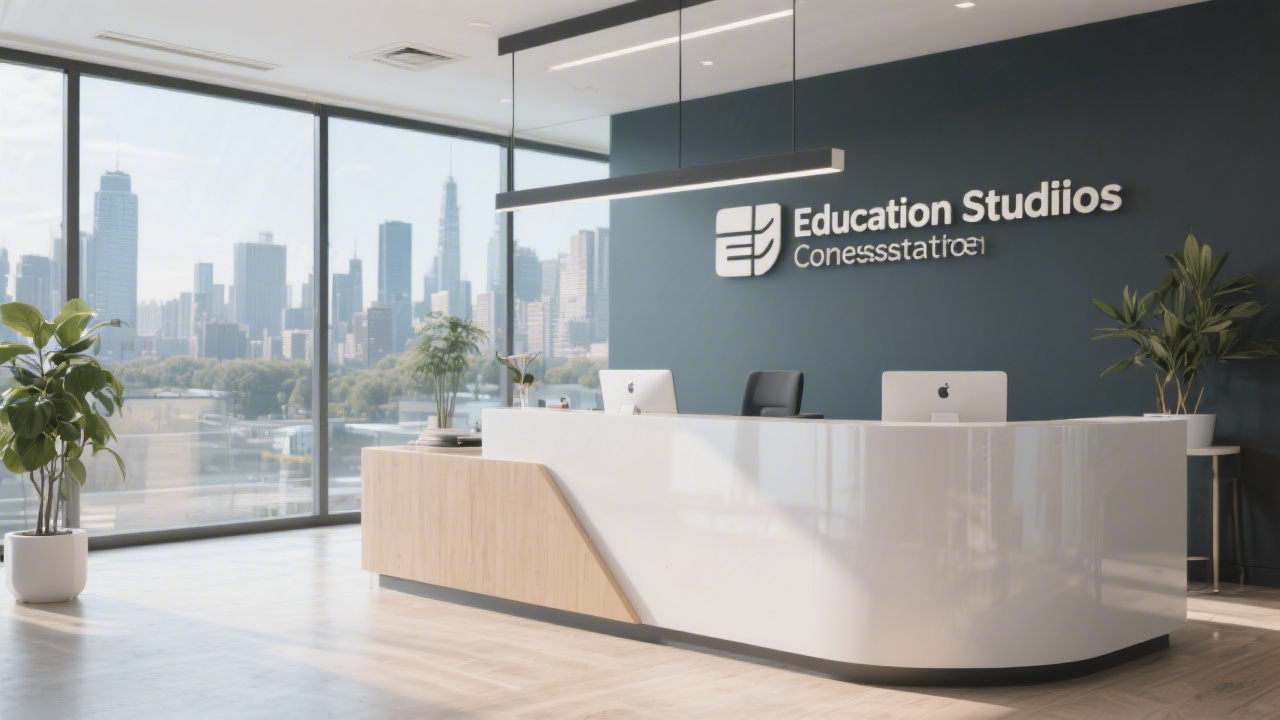 Reception area of a modern education studio with a clean desk, signage, and city view through glass, representing a professional contact environment.