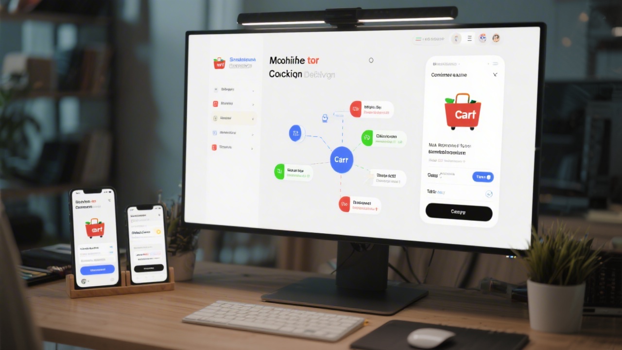 Workspace showing a mobile checkout design for an e-commerce storefront, with cart screens, delivery options, and payment states mapped on a large monitor.