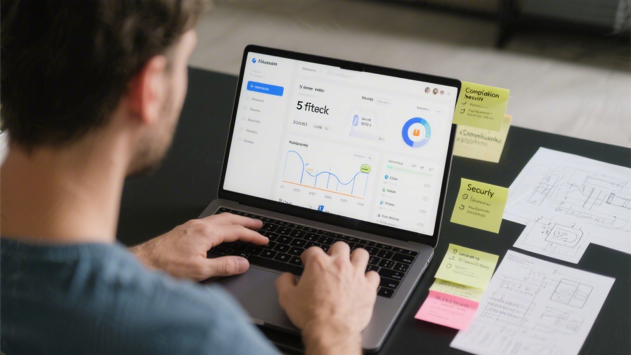 Close view of a designer reviewing a fintech app dashboard prototype on a laptop next to printed wireframes and sticky notes outlining compliance and security steps.