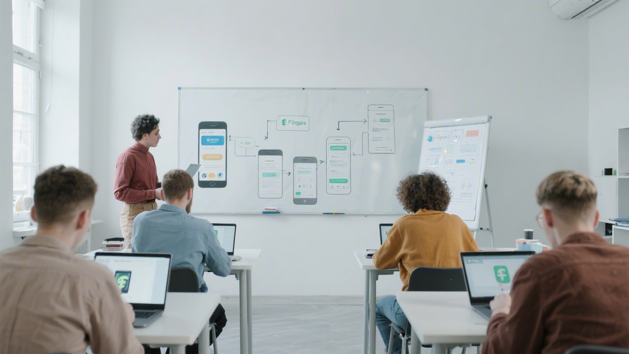 Bright modern classroom with students using laptops to design mobile fintech screens in Figma, whiteboards with flow diagrams, and a calm, professional learning environment.