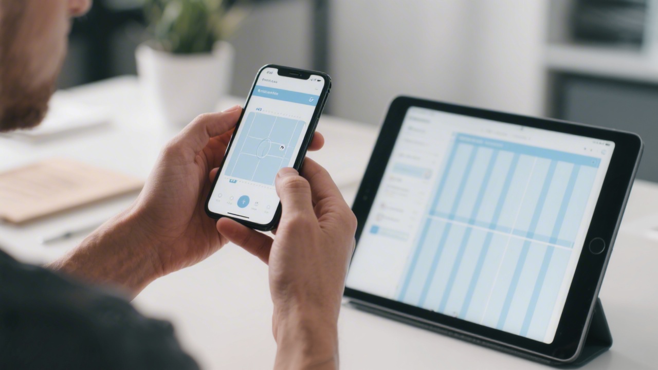Designer holding a smartphone with a prototype while a tablet shows responsive layout grids, emphasizing mobile-first UI decisions in a studio setting.