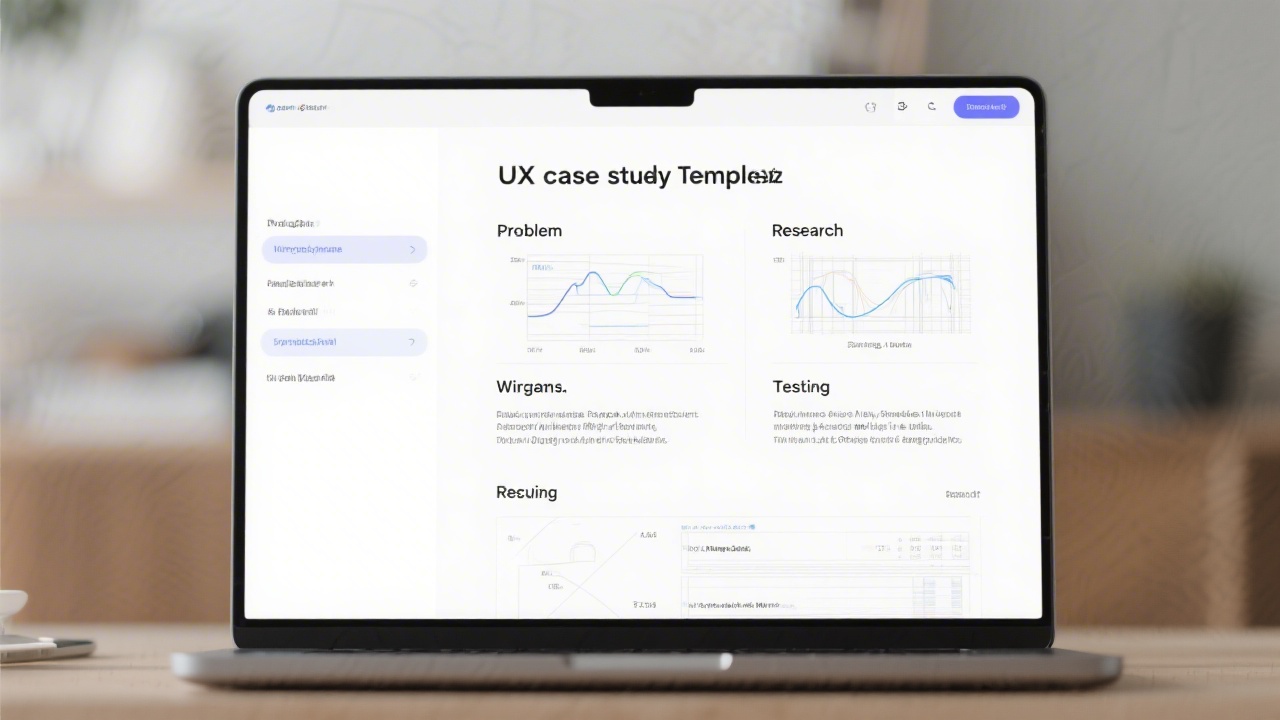 Laptop screen displaying a clean UX case study template with sections for problem, research, wireframes, testing, and results, ready for portfolio use.
