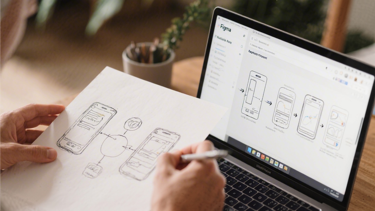 Hands sketching a user flow on paper next to Figma open on a laptop, showing rapid prototyping steps from wireframes to clickable screens.