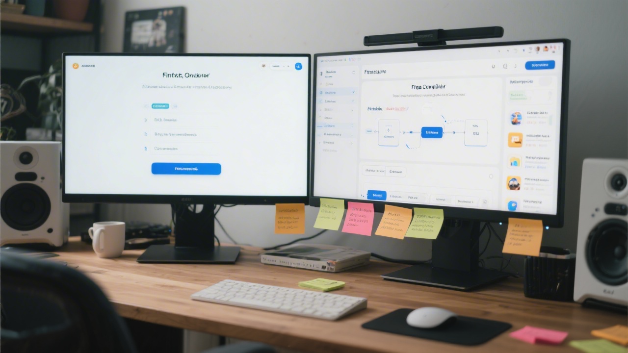Design studio desk with dual monitors showing a fintech onboarding flow, sticky notes for user insights, and a clean Figma component library on screen.