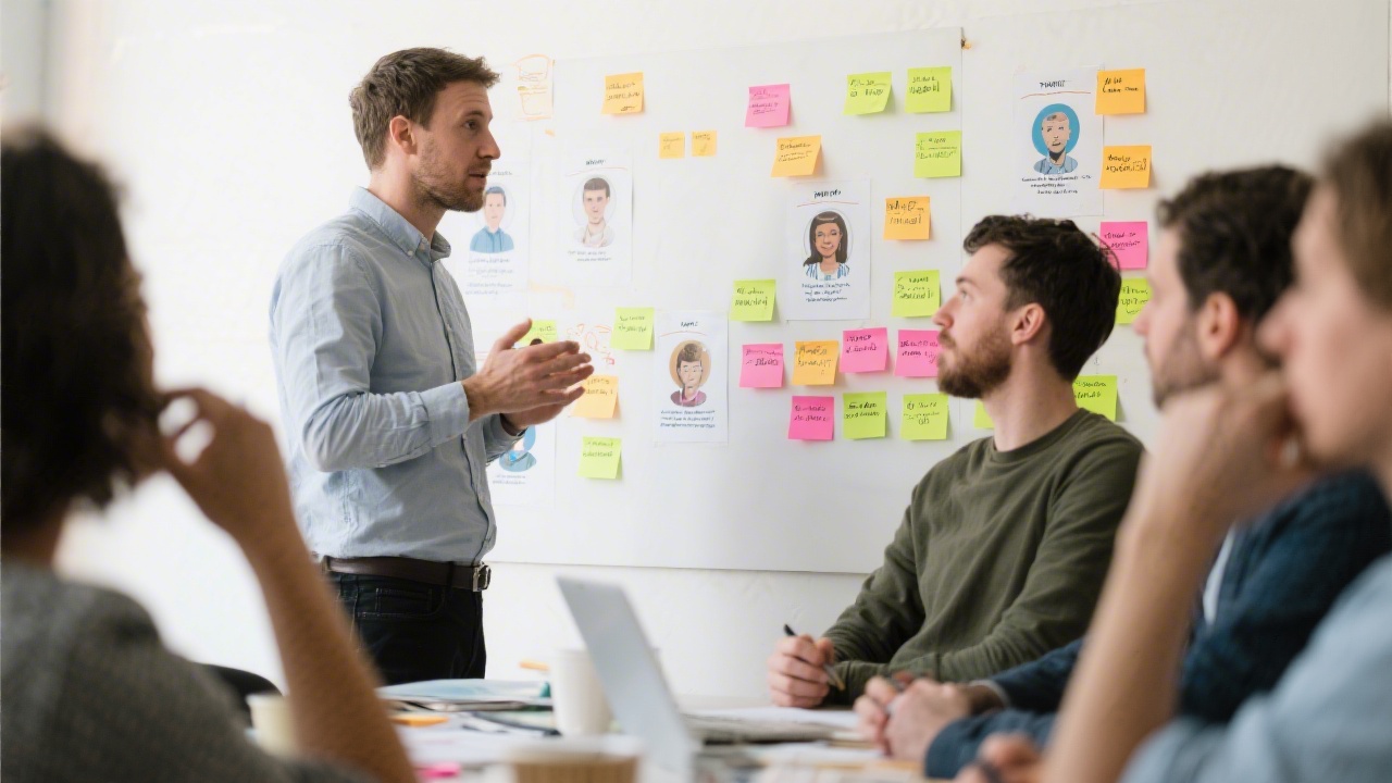 Small group workshop with a facilitator pointing at a UX journey map on a wall, discussing customer pain points and prioritizing product improvements.